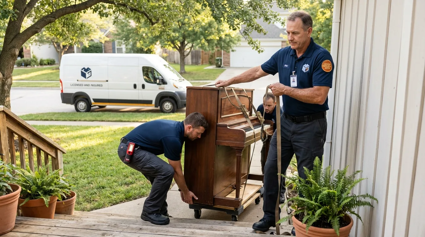 Licensed piano movers securing grand piano in Morris Plains, NJ