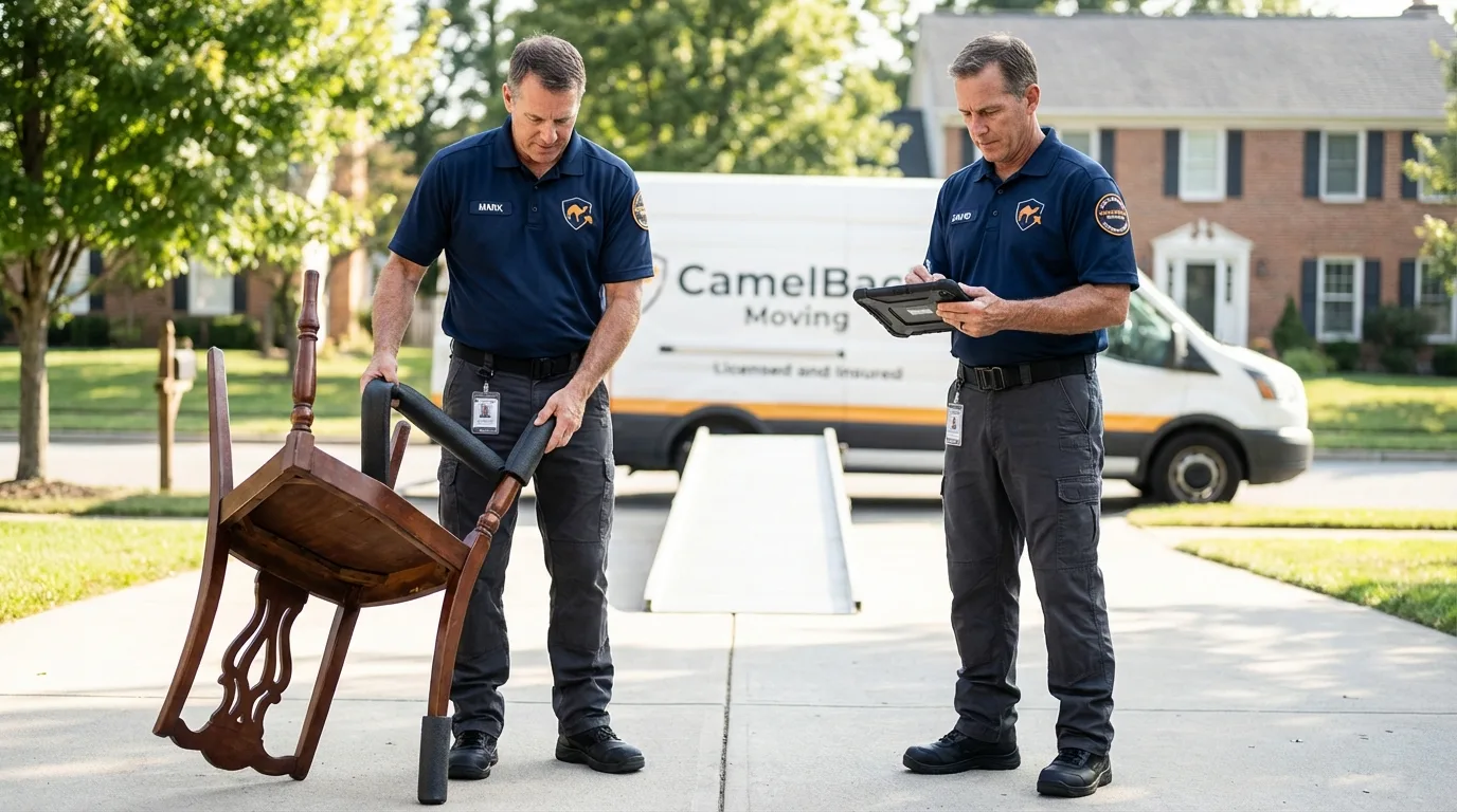Movers inspecting furniture for damage prevention before loading in Morris Plains, NJ