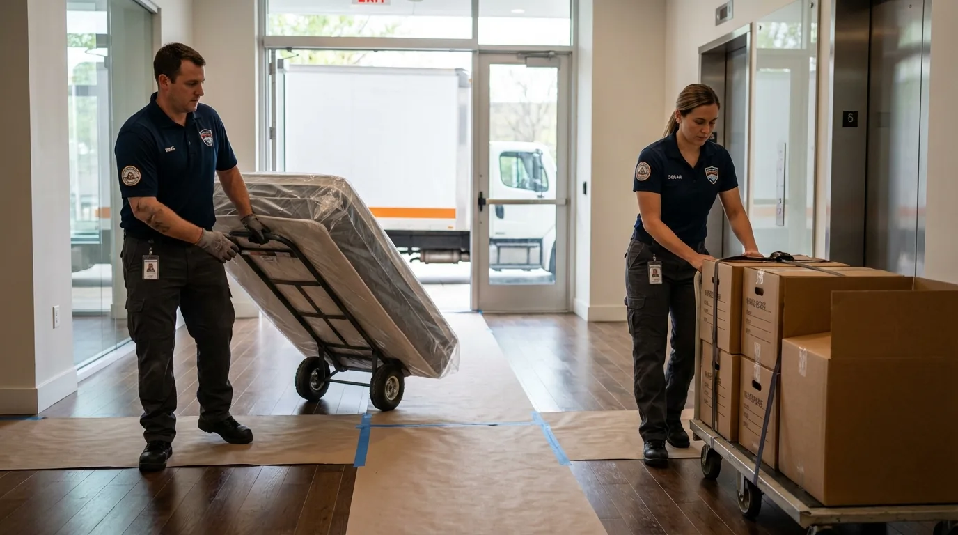 Professional apartment movers loading elevator in Morris Plains, NJ